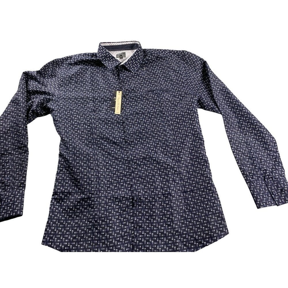 Niko Milano Button Up Shirt Men’s XL Navy Blue Geometric Pattern Long Sleeve NWT